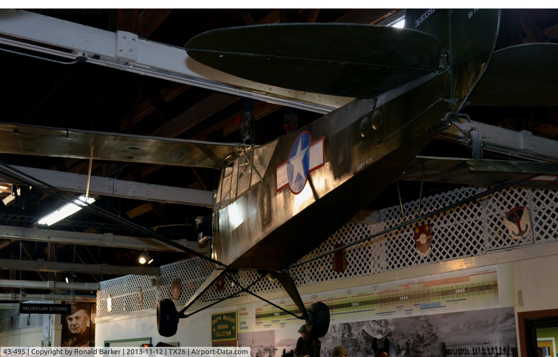 43-495, 1943 Piper L-4B Grasshopper C/N 9680, L-4A displayed as 36-833921, Texas Military Museum, Camp Mabry, TX