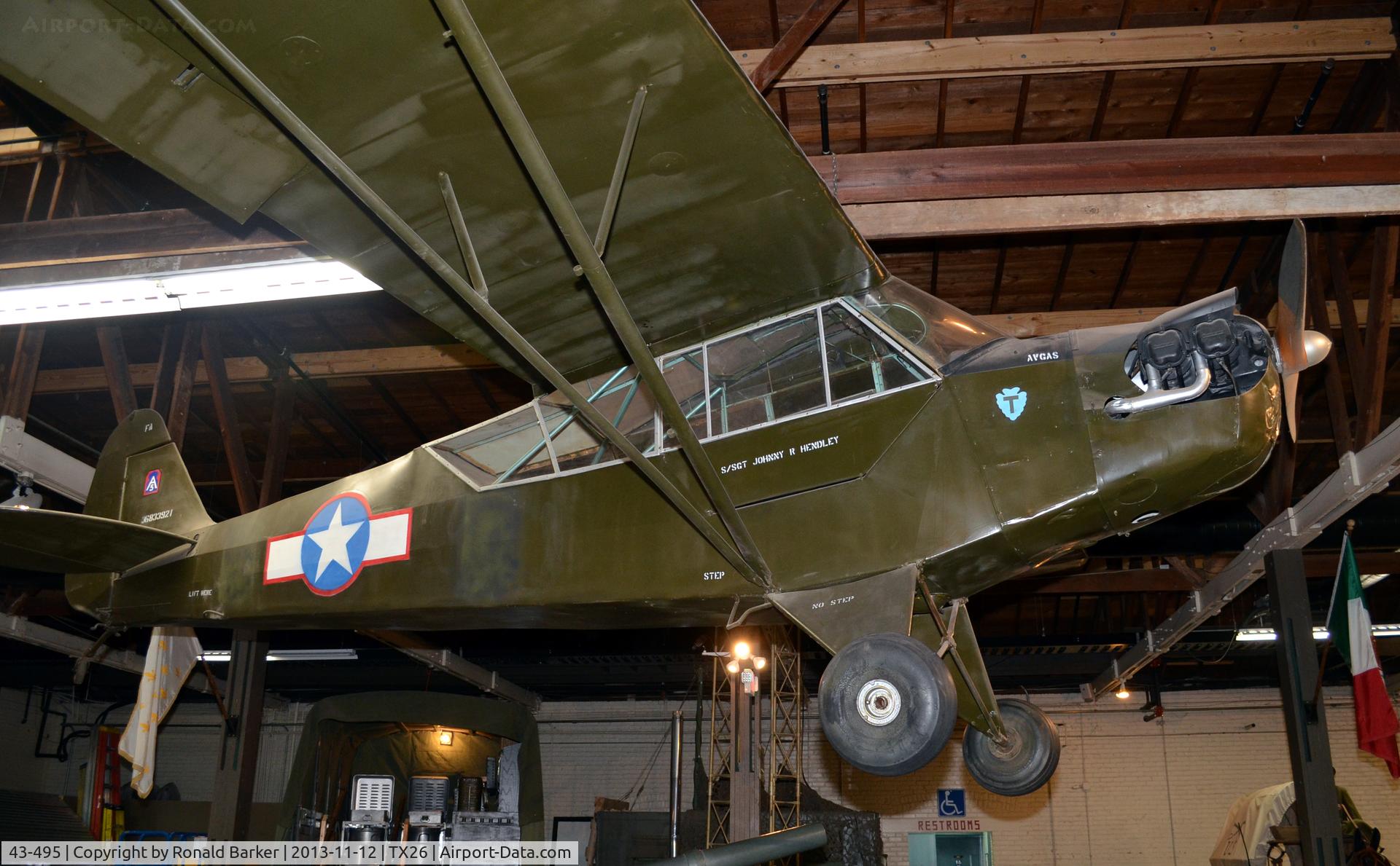 43-495, 1943 Piper L-4B Grasshopper C/N 9680, L-4A shown as 36-833921, Texas Military Museum, Camp Mabry, TX