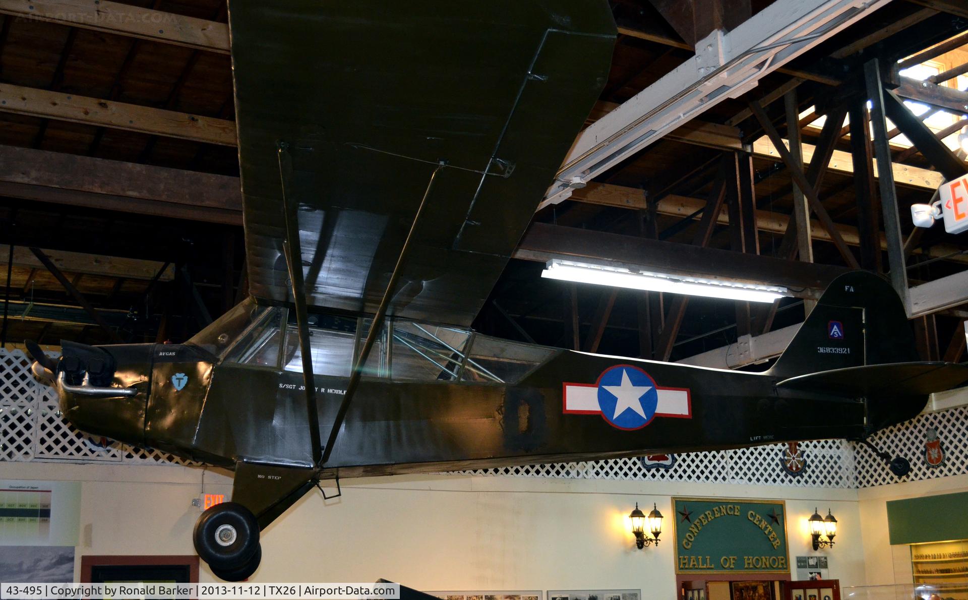 43-495, 1943 Piper L-4B Grasshopper C/N 9680, L-4A shown as 36-833921, Texas Military Museum, Camp Mabry, TX