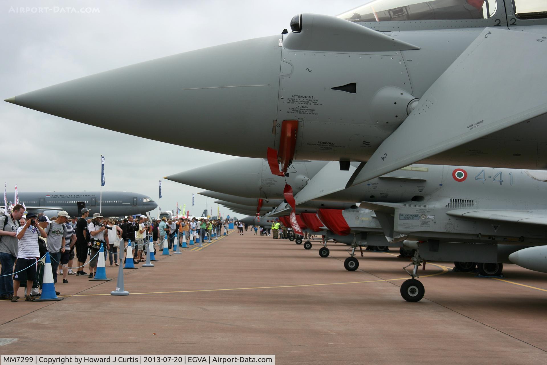 MM7299, Eurofighter EF-2000 Typhoon S C/N IS031, Line up of Eurofighter noses. At the Royal International Air Tattoo 2013.