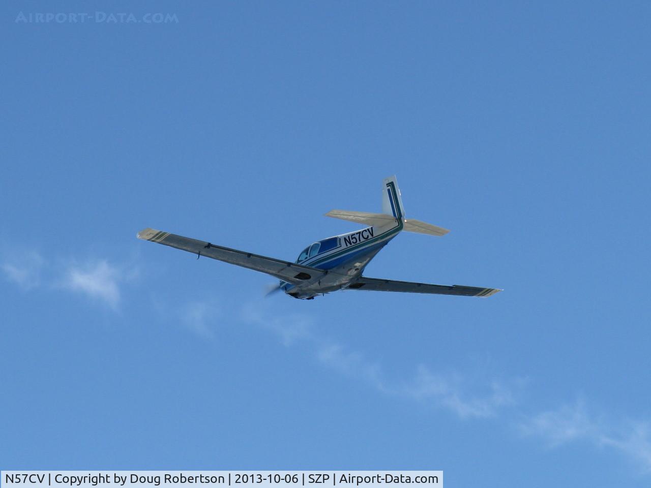 N57CV, 1963 Mooney M20C Ranger C/N 2634, 1963 Mooney M20C, Lycoming -O&VO-360 180 Hp, takeoff climb Rwy 04