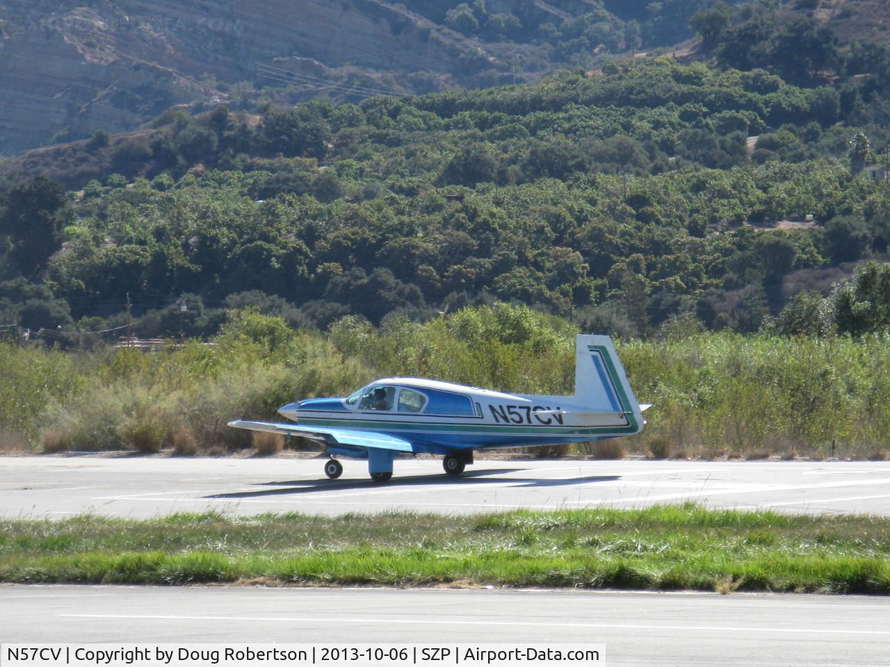 N57CV, 1963 Mooney M20C Ranger C/N 2634, 1963 Mooney M20C, Lycoming O&VO-360 180 Hp, taxi after landing Rwy 04