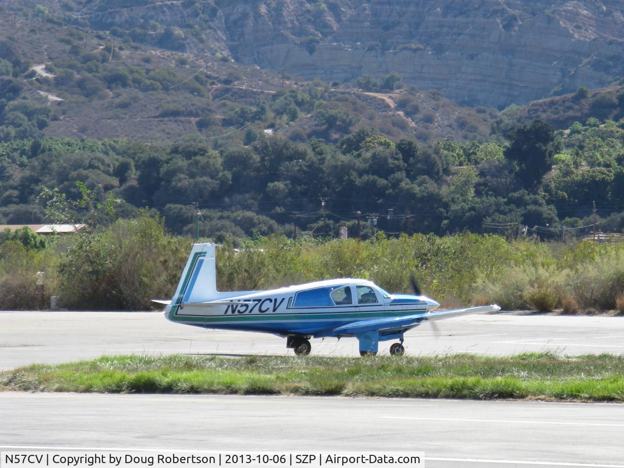 N57CV, 1963 Mooney M20C Ranger C/N 2634, 1963 Mooney M20C, Lycoming O&VO-360 180 Hp, the M20C Mark 21 would not be called Ranger until the 1967 production year,  taxi after landing Rwy 04
