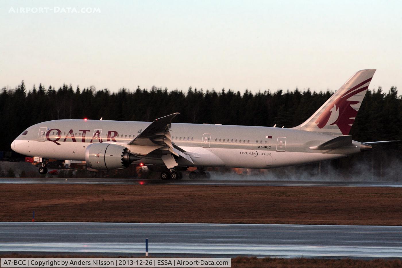 A7-BCC, 2012 Boeing 787-8 Dreamliner C/N 38321, Landing on runway 26.