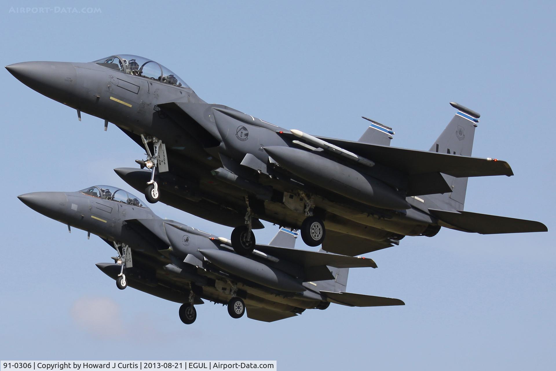 91-0306, 1991 McDonnell Douglas F-15E Strike Eagle C/N 1213/E171, 492nd FS/48th FW. Pairs approach with 98-0134.
