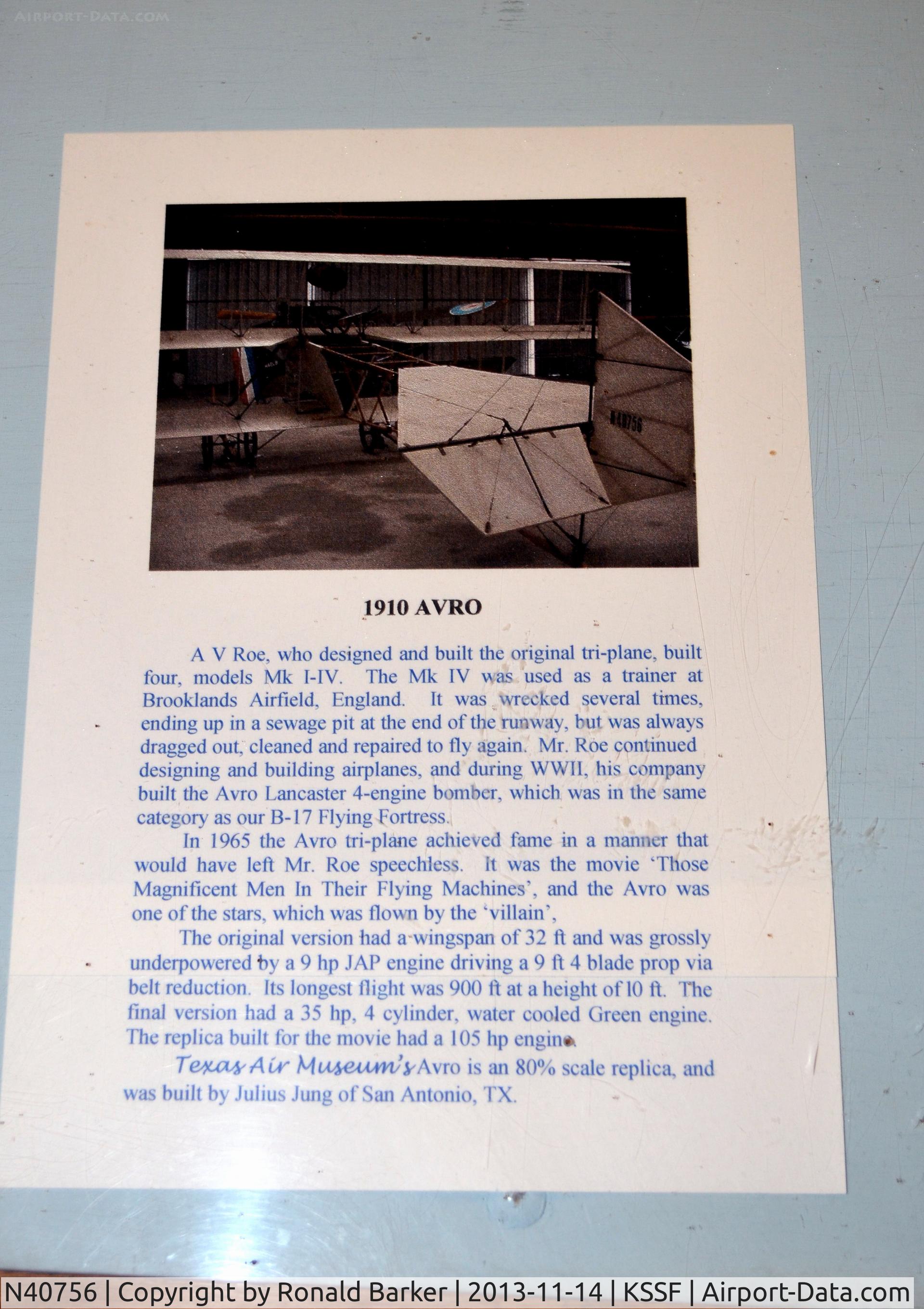 N40756, 1994 Avro 1910 Triplane Mk.4 Replica C/N 003, 805 scale replica at the Texas Air Museum