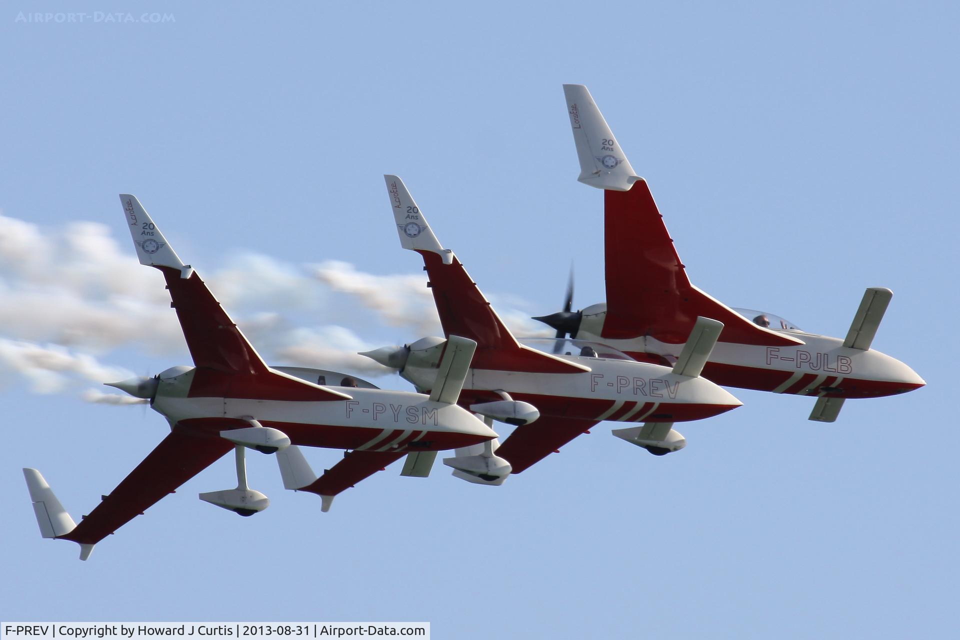 F-PREV, Rutan VariEze C/N 1961, With F-PYSM and F-PJLB, 'Patrouille Reva'. Performing at the Bournemouth Air Festival 2013. Location: Bournemouth sea front.