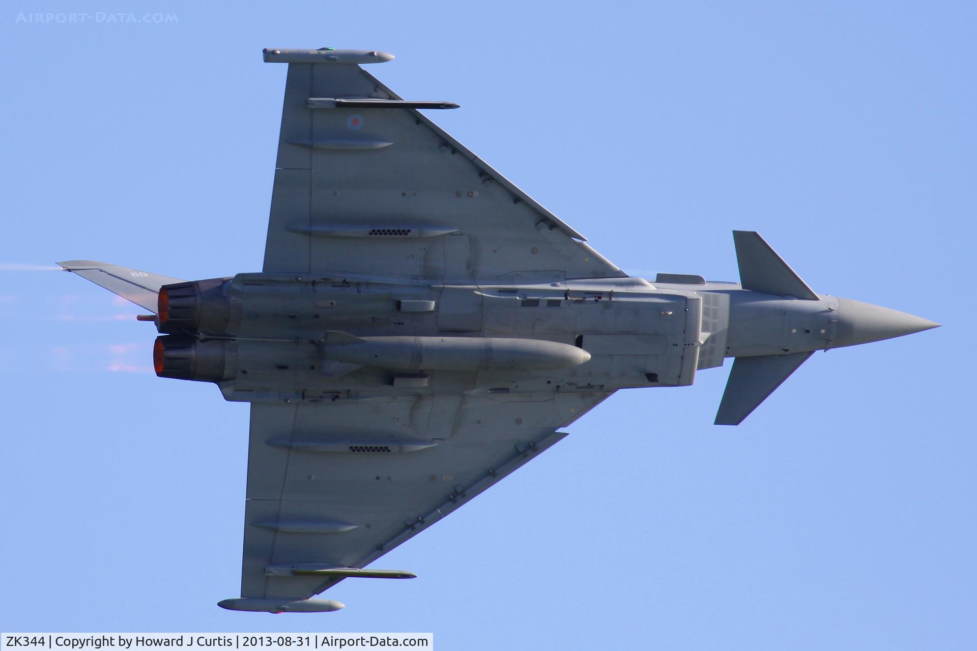 ZK344, 2012 Eurofighter EF-2000 Typhoon FGR4 C/N BS105/384, BQ/29(R) Sqn RAF. Performing at the Bournemouth Air Festival 2013. Location: Bournemouth sea front.