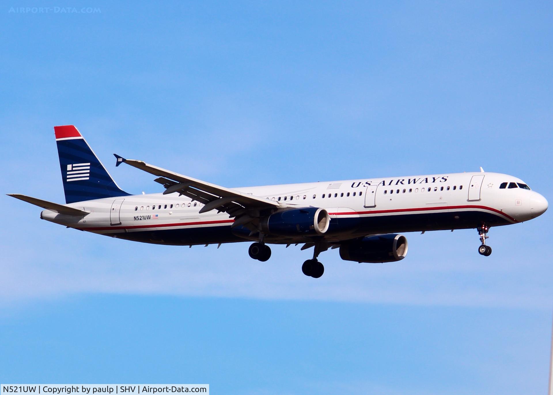 N521UW, 2009 Airbus A321-231 C/N 3944, US Airways Charter landing at Shreveport Regional.