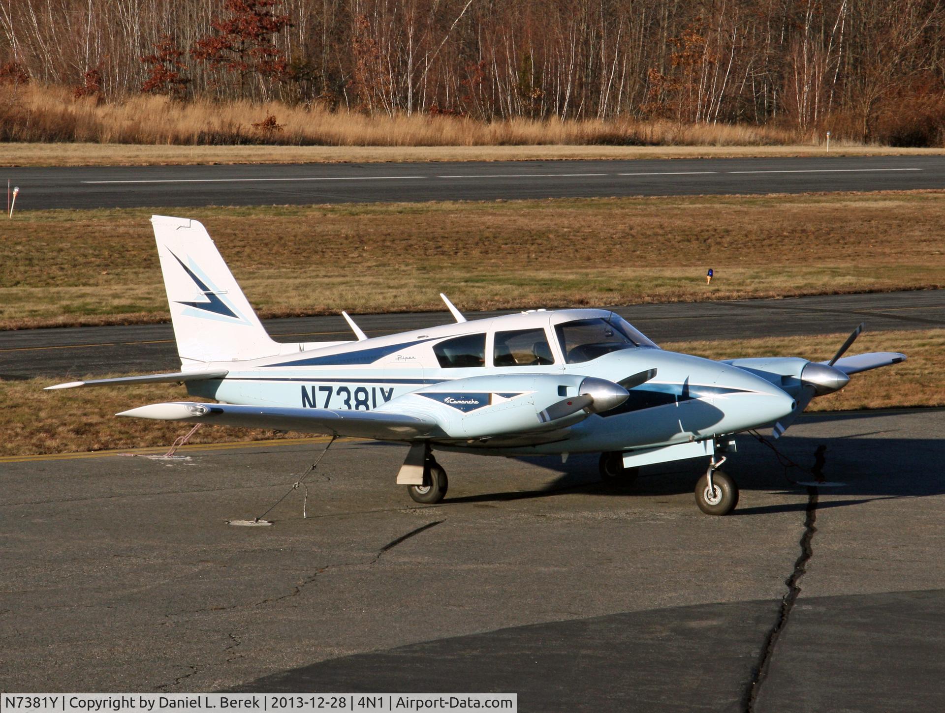 N7381Y, 1964 Piper PA-30 Twin Comanche C/N 30-435, A nice 1964 Piper Commanche basks in the winter twilight at Greenwood Lake Airport.