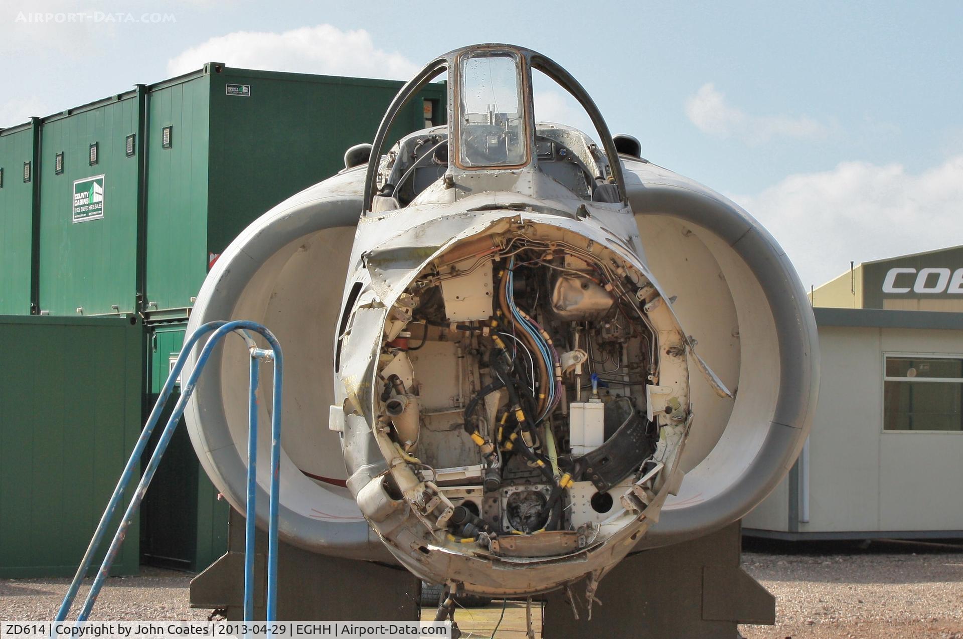 ZD614, 1986 British Aerospace Sea Harrier F/A.2 C/N 41H-912053, Nose damage still apparent
