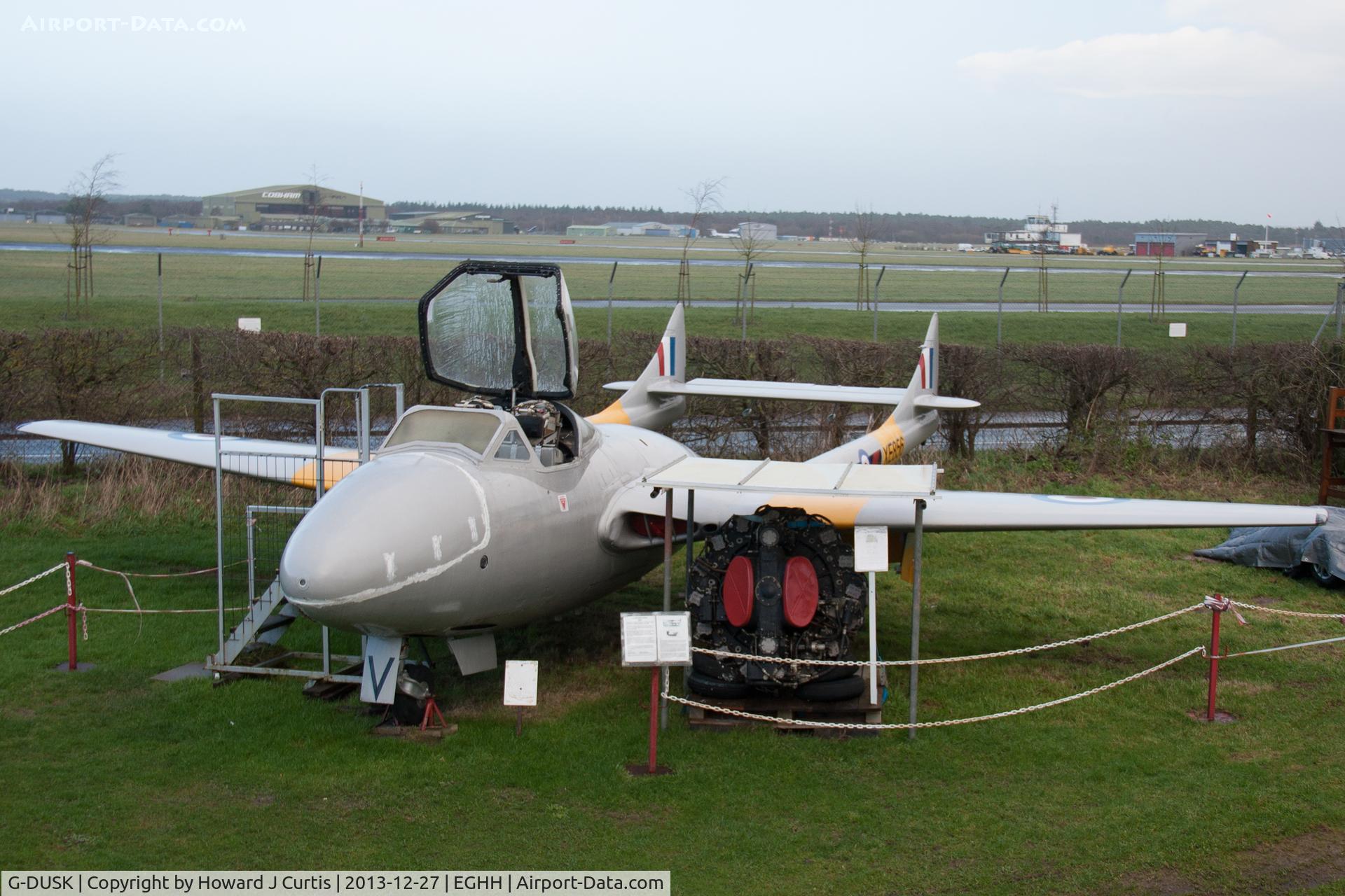 G-DUSK, 1954 De Havilland DH-115 Vampire T.11 C/N 15596, XE856/V. On display at the Bournemouth Aviation Museum.