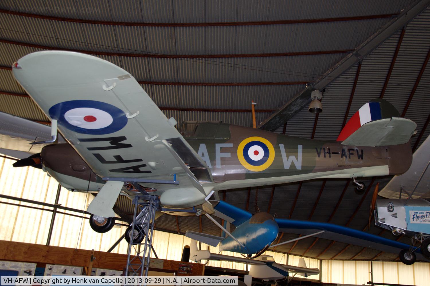VH-AFW, 1993 Sindlinger HH-1 Hawker Hurricane 5/8 Scale C/N 26-10663, 5/8-scale replica of a Hurricane Mark 1. Constructed and flown by Arthur Winstanley. Now in the RAAFA aviation museum in Bull Creek, Perth, Australia.