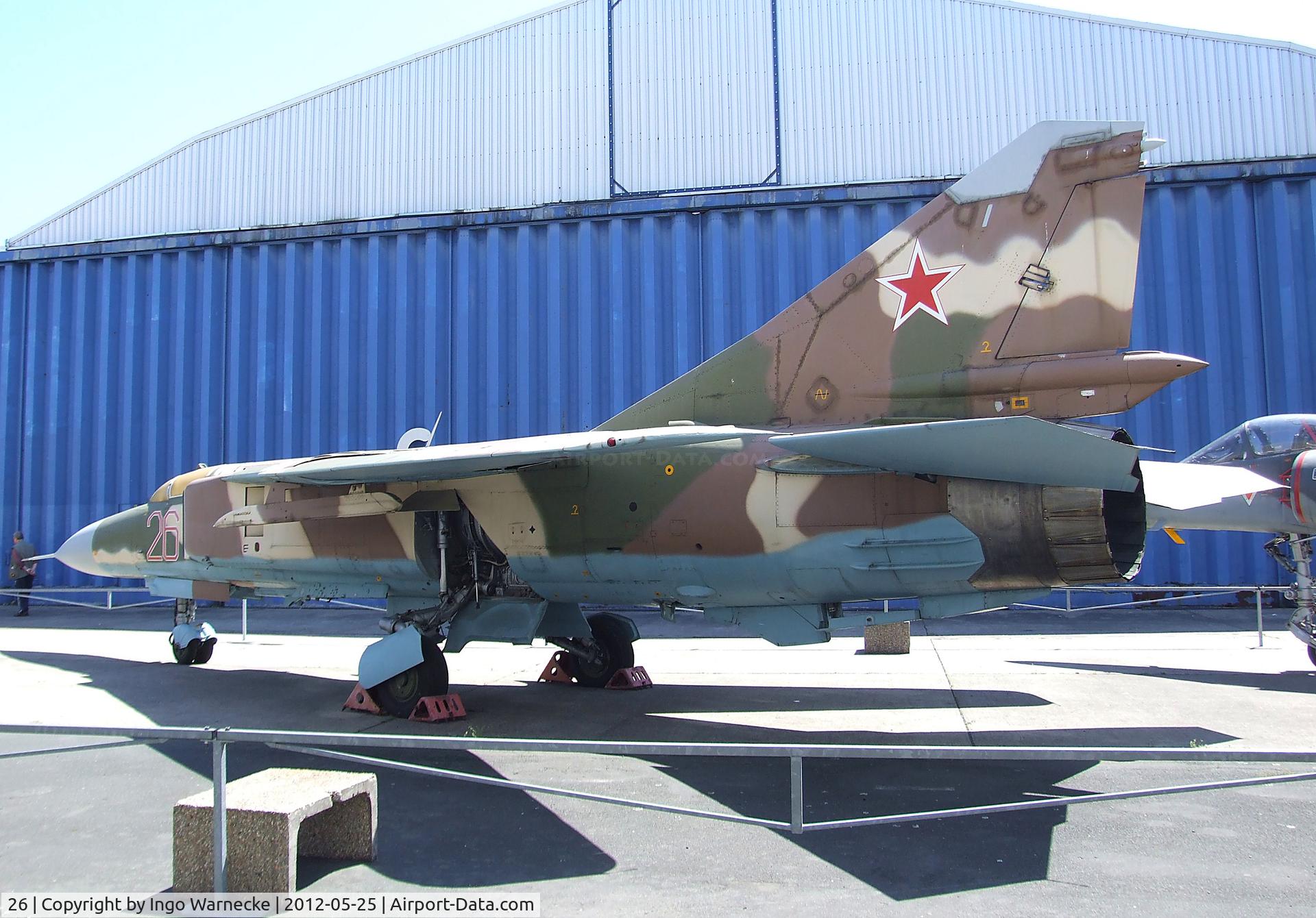26, 1982 Mikoyan-Gurevich MiG-23ML C/N 0390324028, Mikoyan i Gurevich MiG-23ML FLOGGER-G (ex LSK/LV 558, ex Luftwaffe 20 30, here displayed as a VVS aircraft) at the Musee de l'Air, Paris/Le Bourget