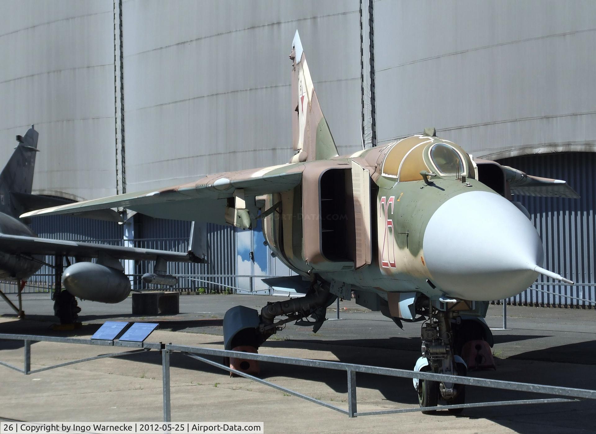 26, 1982 Mikoyan-Gurevich MiG-23ML C/N 0390324028, Mikoyan i Gurevich MiG-23ML FLOGGER-G (ex LSK/LV 558, ex Luftwaffe 20 30, here displayed as a VVS aircraft) at the Musee de l'Air, Paris/Le Bourget