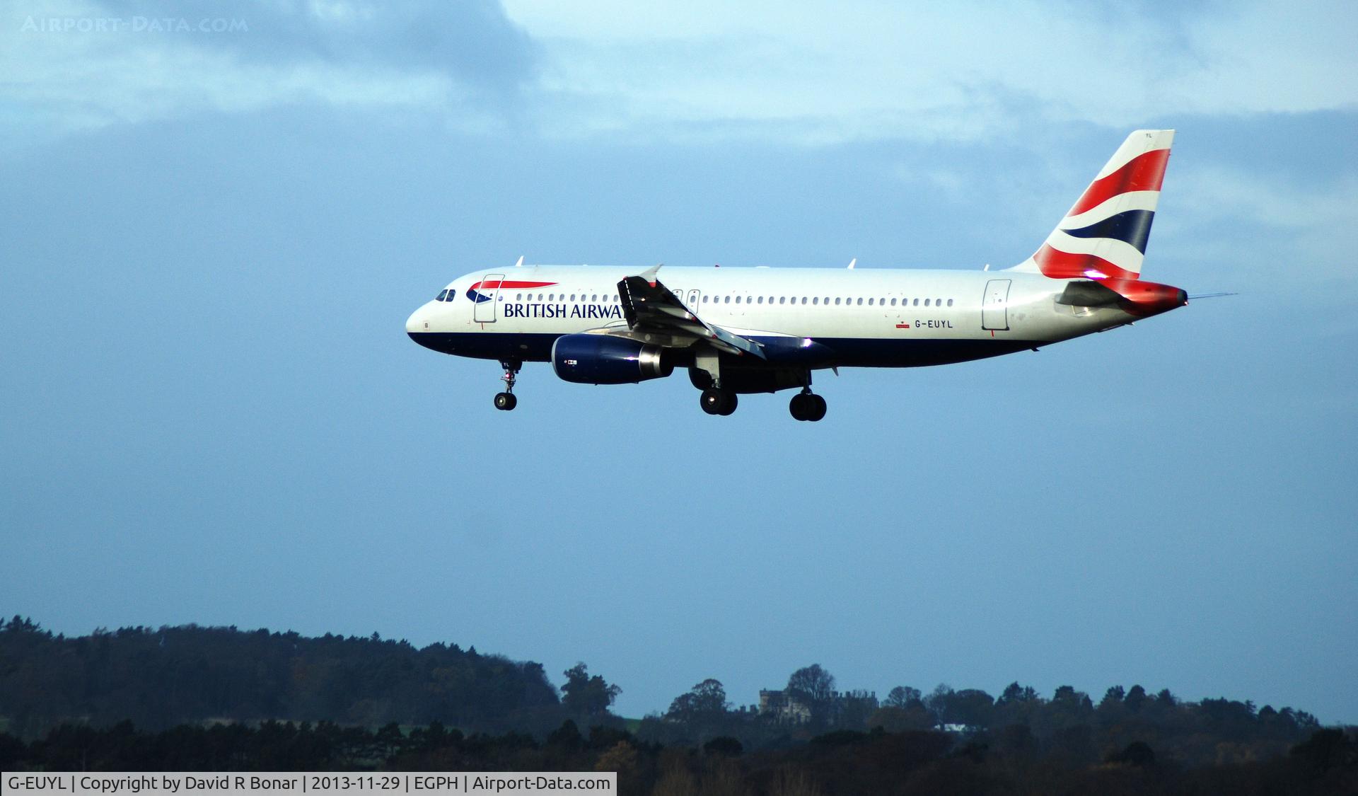 G-EUYL, 2011 Airbus A320-232 C/N 4725, Performing 'Shuttle' from Heathrow on very short finals at Edinburgh.