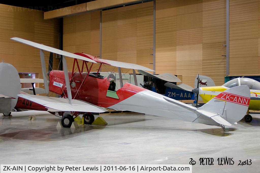 ZK-AIN, De Havilland DH-82A Tiger Moth II C/N 83202, ex RNZAF NZ775 and Barr Bros Ltd., Auckland. To MoTAT, rebuilt with parts of 'BJH for display as ZK-ANN. DH82A displayed at MoTAT as 'NZ775' is actually ex-T6200/G-AMNF/ZK-BAD.