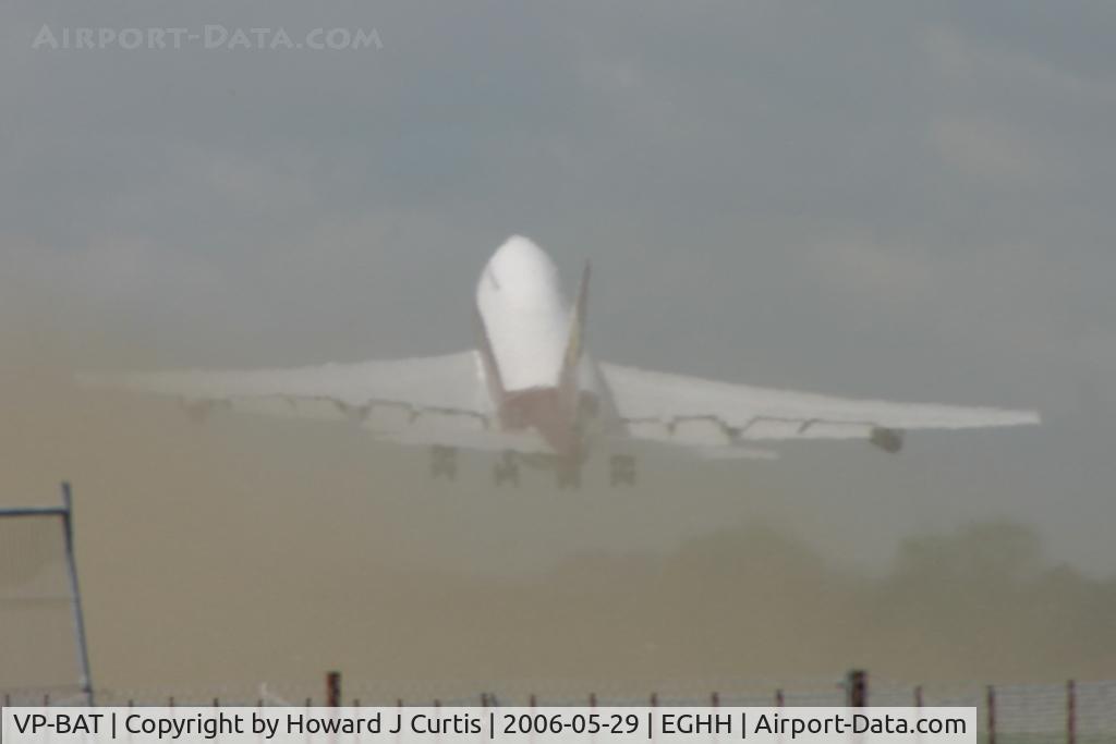 VP-BAT, 1979 Boeing 747SP-21 C/N 21648, A series of three. This is what happens when a 747SP departs and you've just mown the grass. Photo 3/3: green fog and a lot of sweeping up needed!