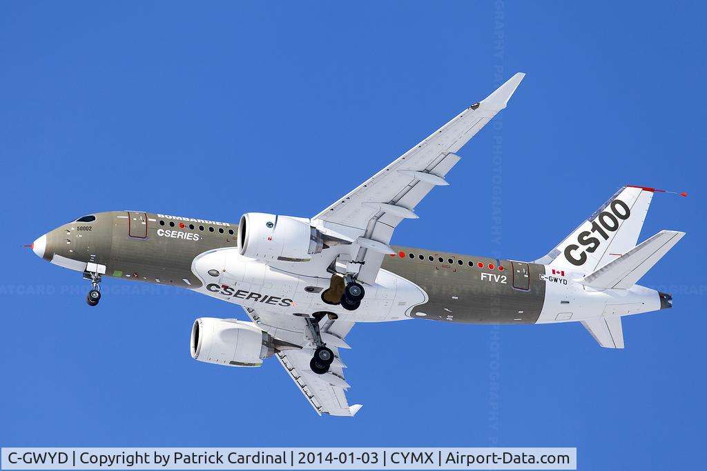 C-GWYD, 2013 Bombardier CSeries CS100 (BD-500-1A10) C/N 50002, Flight Test Vehicle 2 completing its maiden flight on a cold day in Mirabel.