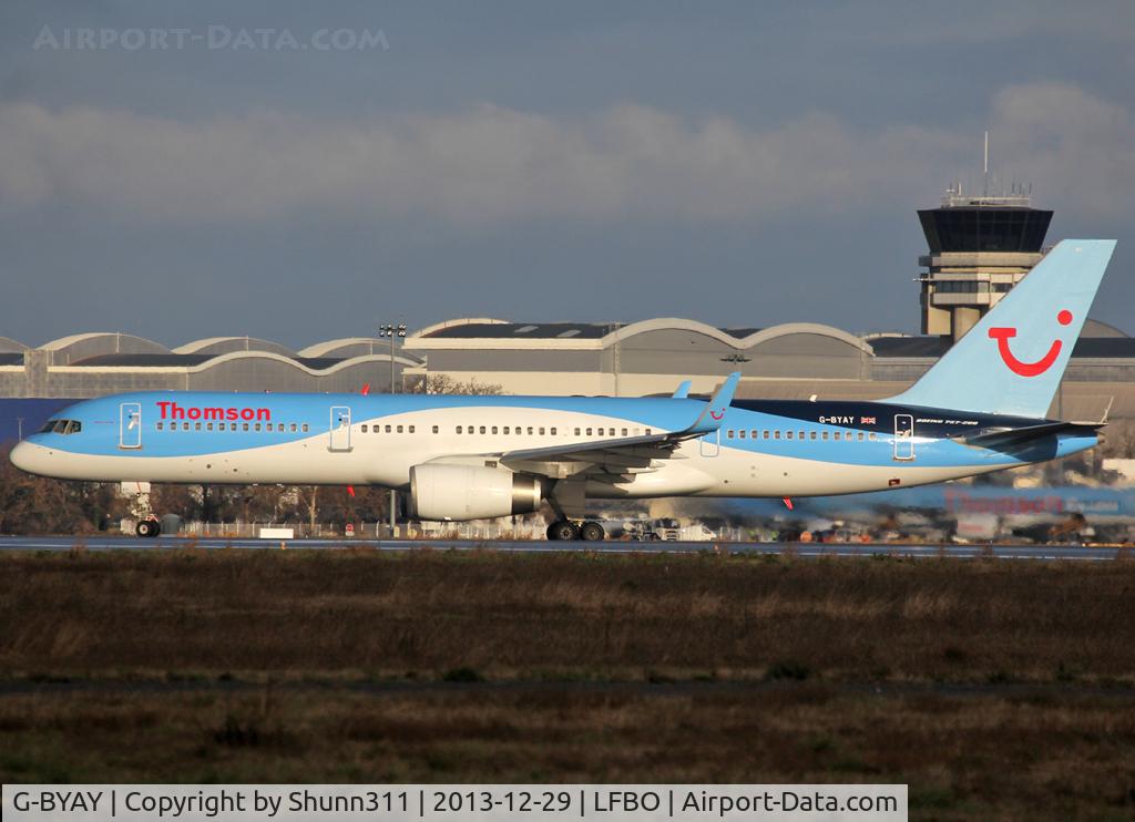 G-BYAY, 1999 Boeing 757-204 C/N 28836, Lining up rwy 32R for departure from 'M2' in new c/s