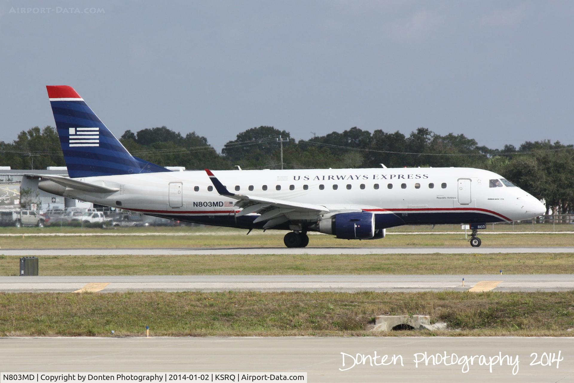 N803MD, 2004 Embraer 170SU (ERJ-170-100SU) C/N 17000015, US Air Flight 3346 operated by Republic (N803MD) arrives at Sarasota-Bradenton International Airport following a flight from Reagan National