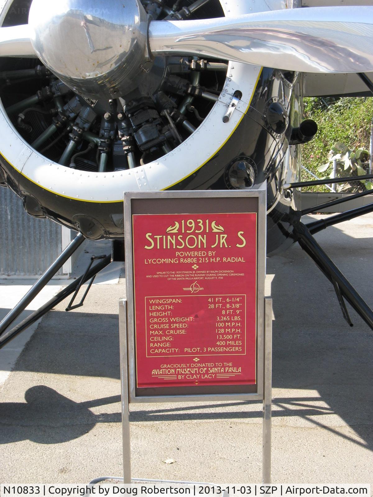 N10833, 1931 Stinson JR. S C/N 8027, 1931 Stinson JUNIOR S, Lycoming R680E 9 cylinder 215 Hp radial, data