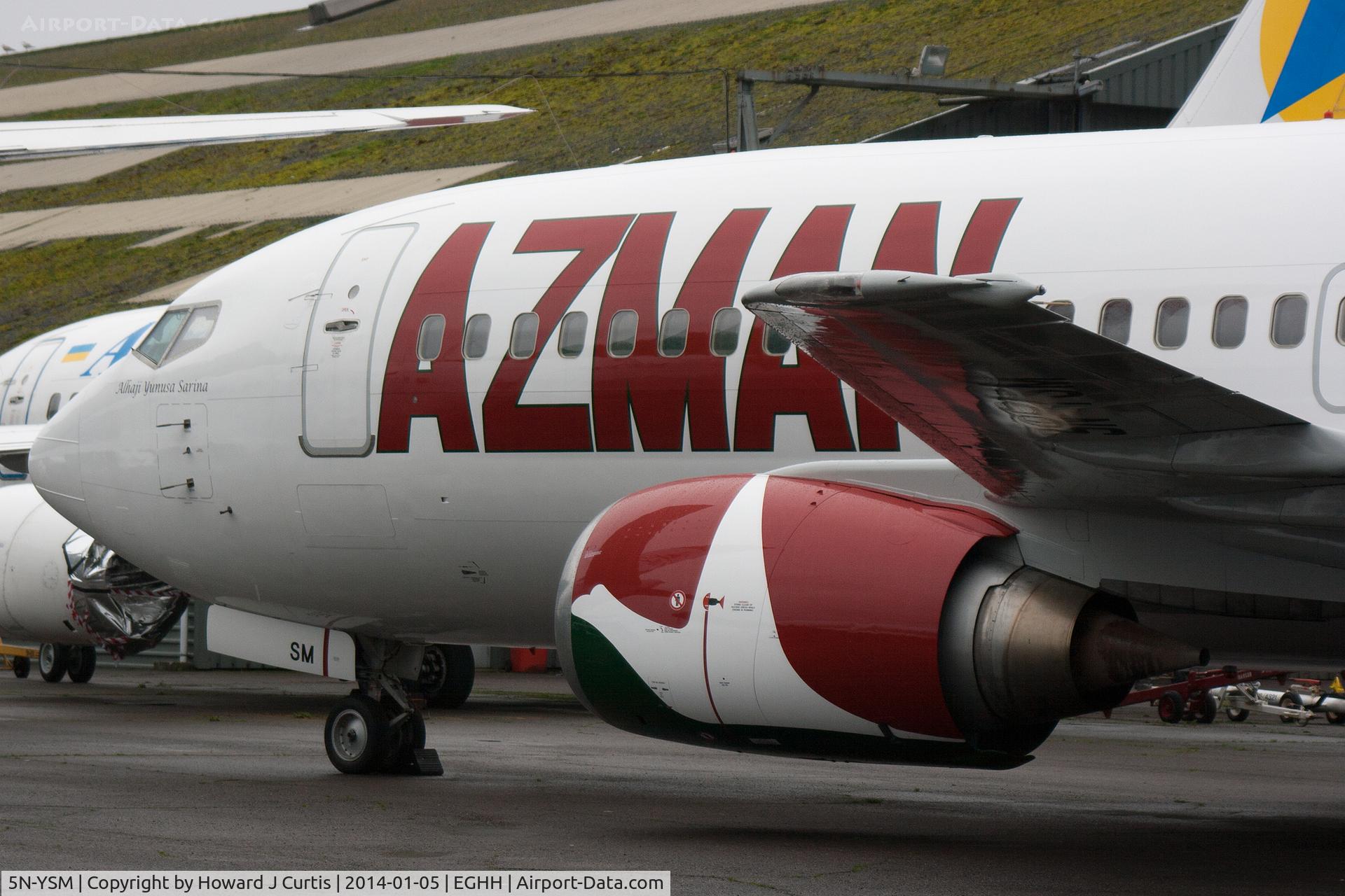 5N-YSM, 1997 Boeing 737-36N C/N 28557, Close up of the nose. Azman Air, named 'Alhaji Yanusa Sarina'. Ex G-TOYF.