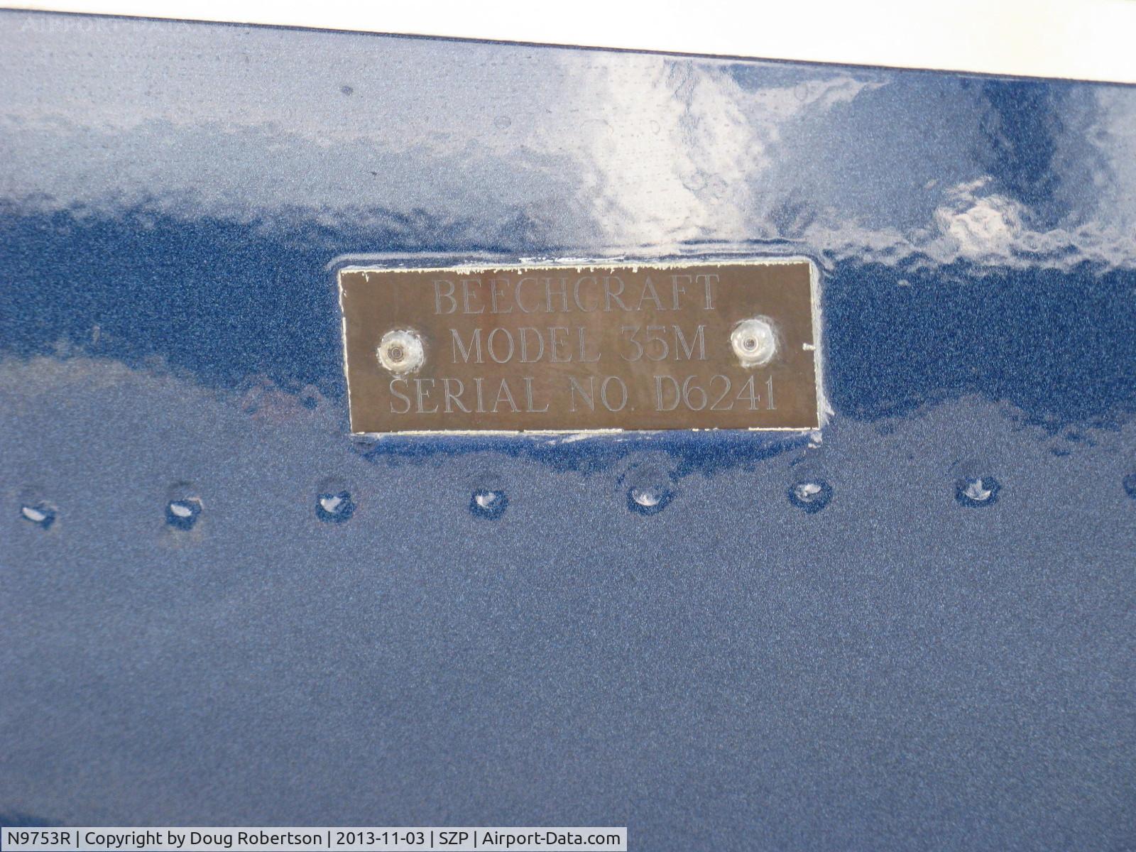 N9753R, 1960 Beech M35 Bonanza C/N D-6241, 1960 Beech M35 BONANZA, Continental IO-470-C 250 Hp, data plate