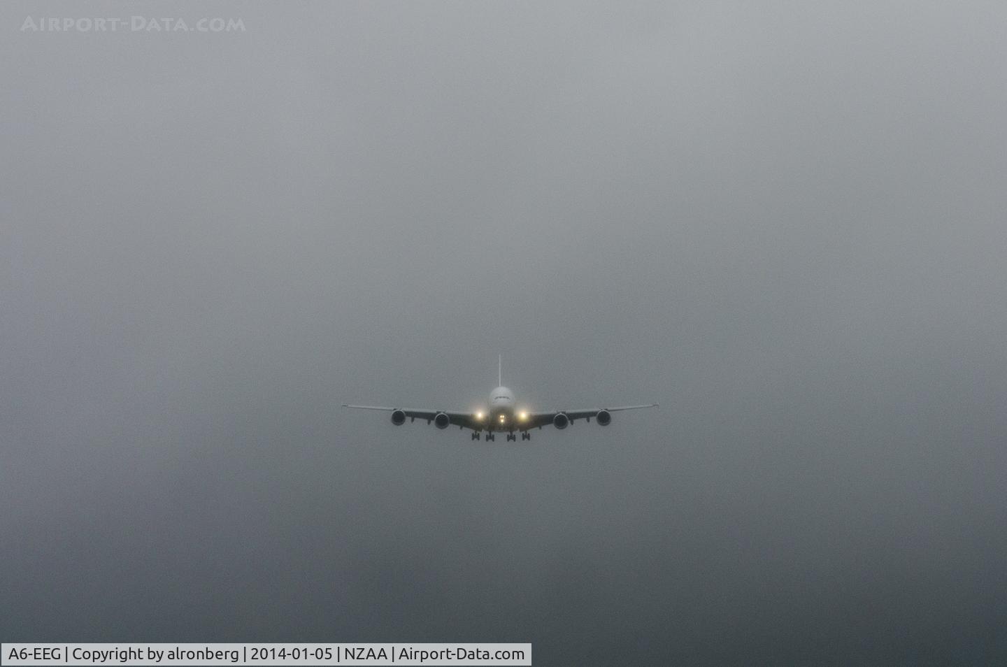 A6-EEG, 2013 Airbus A380-861 C/N 116, Stormy Approach into AKL with this HUGE A380