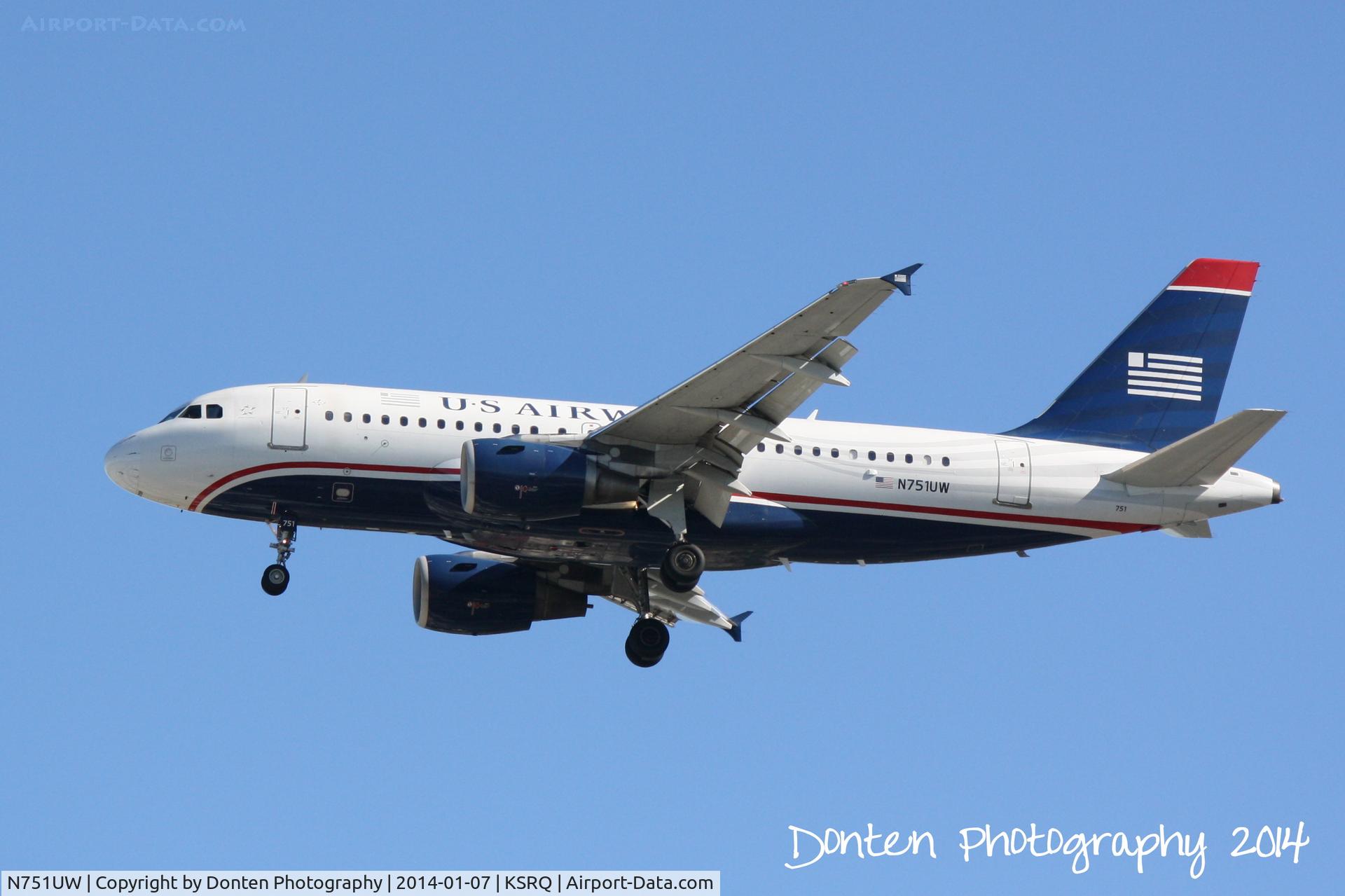 N751UW, 2000 Airbus A319-112 C/N 1317, US Air Flight 2015 (N751UW) arrives at Sarasota-Bradenton International Airport following a flight from Charlotte-Douglas International Airport