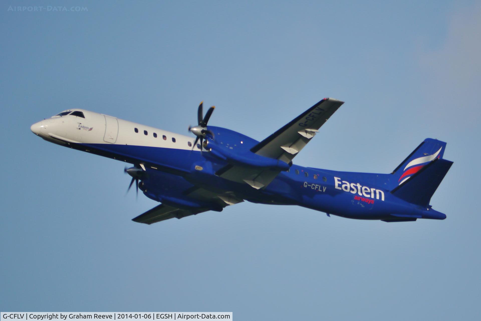 G-CFLV, 1995 Saab 2000 C/N 2000-023, Departing from Norwich.
