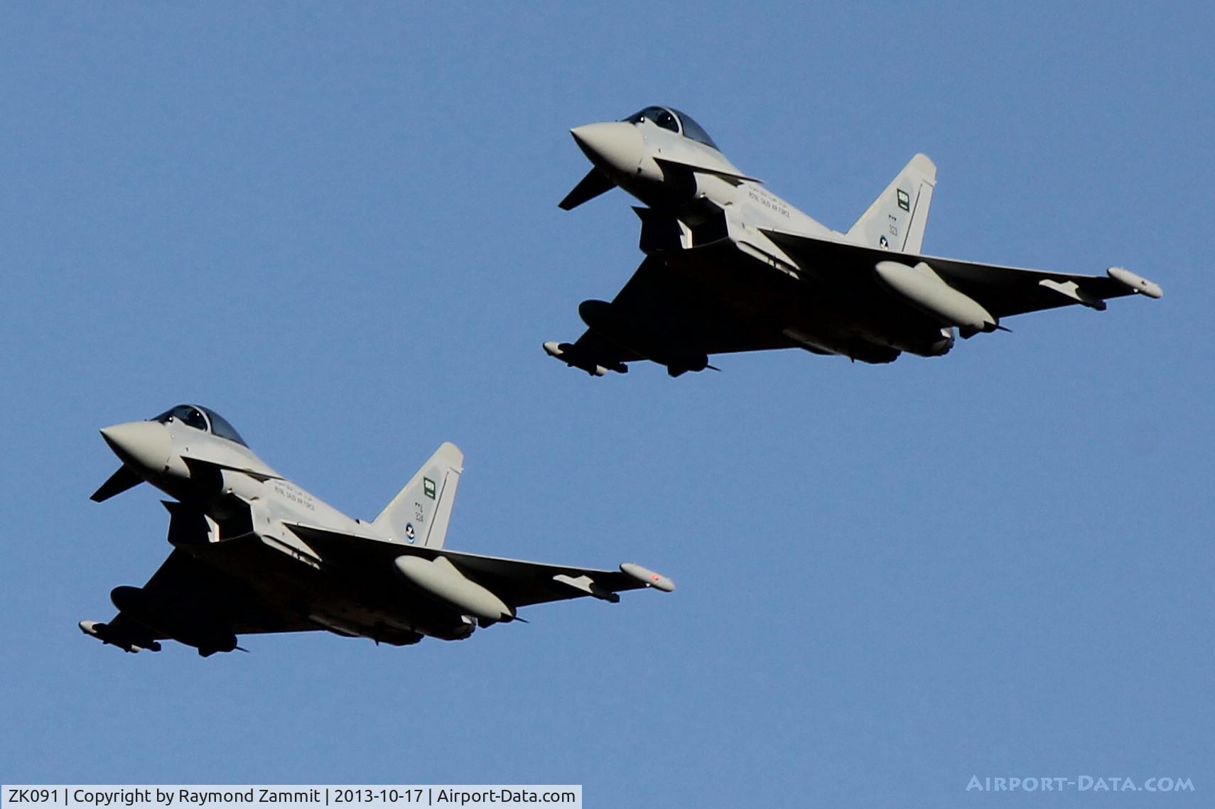 ZK091, Eurofighter EF-2000 Typhoon C/N CS019/344, Eurofighters Typhoons EF2000 GR4s ZK091(323) and ZK092(324) of the Royal Saudi Air Force on delivery flight through Malta on 17 Oct 13.