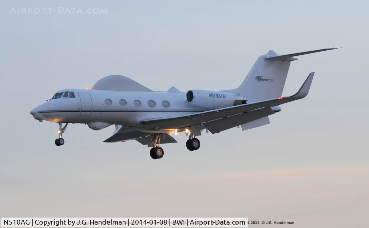 N510AG, 1974 Grumman G-1159 Gulfstream II C/N 159, Landing at a cloudy sunset.