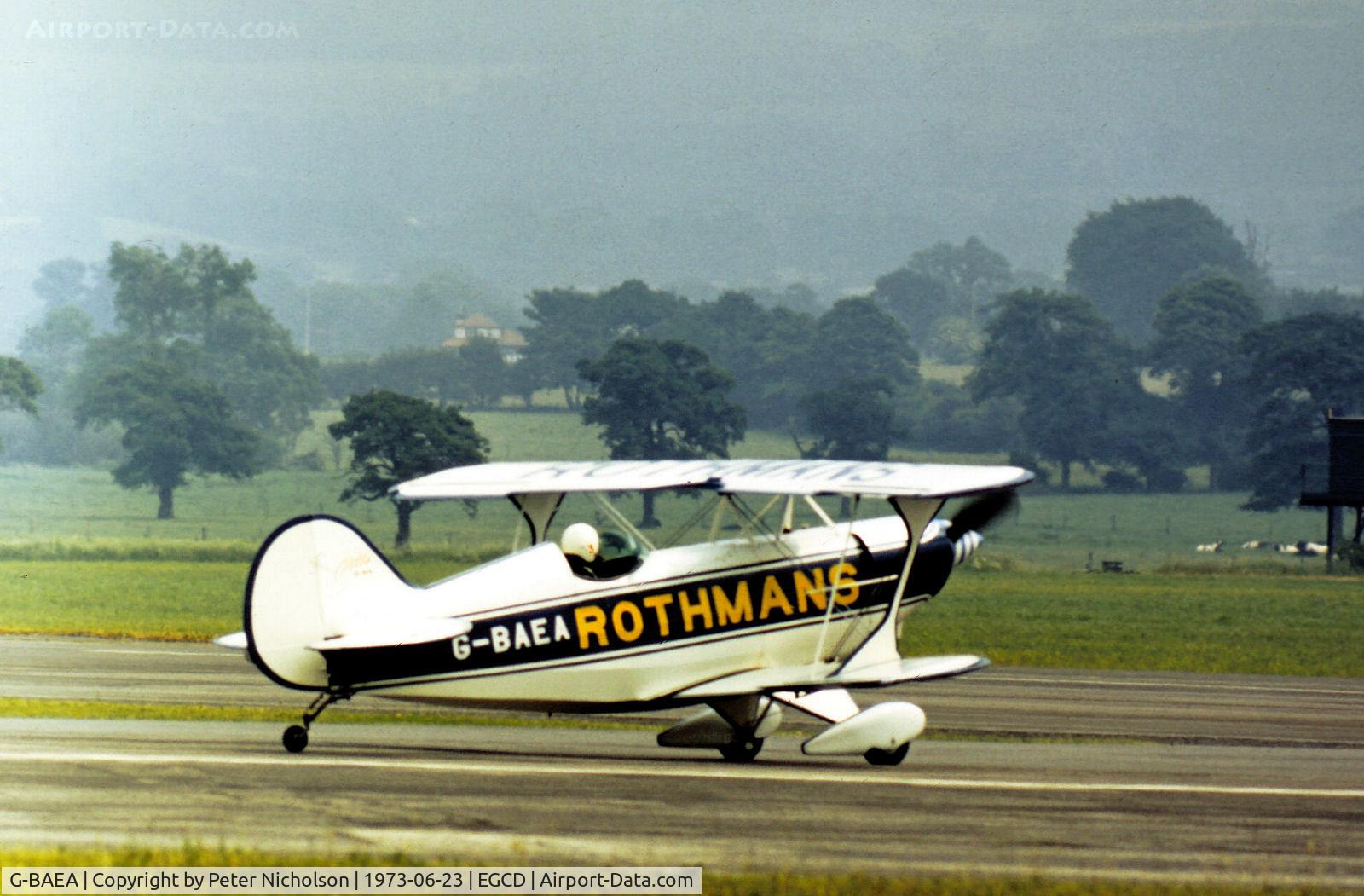 G-BAEA, 1972 Aerotek Pitts S-2A Special C/N 2039, Pitts S-2A of the Rothmans aerobatic display team preparing for action at the 1973 Woodford Airshow.