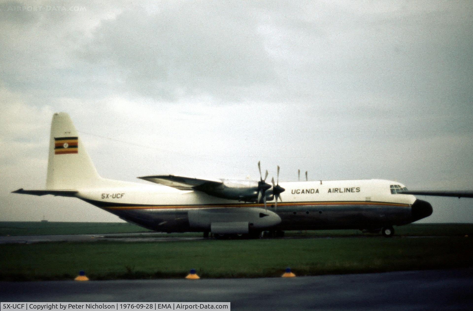 5X-UCF, 1975 Lockheed L-100-30 Hercules (L-382G) C/N 382-4610, L.382G Hercules of Uganda Airlines at East Midlands Airport in the Summer of 1976.