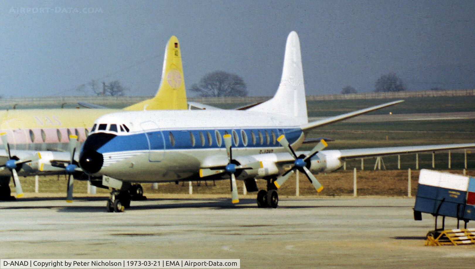 D-ANAD, 1958 Vickers Viscount 814 C/N 340, Viscount 814 of Nora Air Services parked at East Midlands Airport in the Spring of 1973.