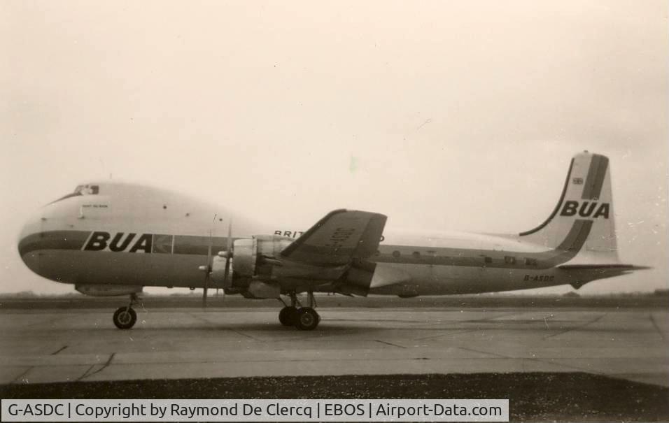 G-ASDC, 1963 Aviation Traders ATL-98 Carvair C/N 10273/ATL98/7, British United Airways  Carvair at Ostend on 1967-04-05.