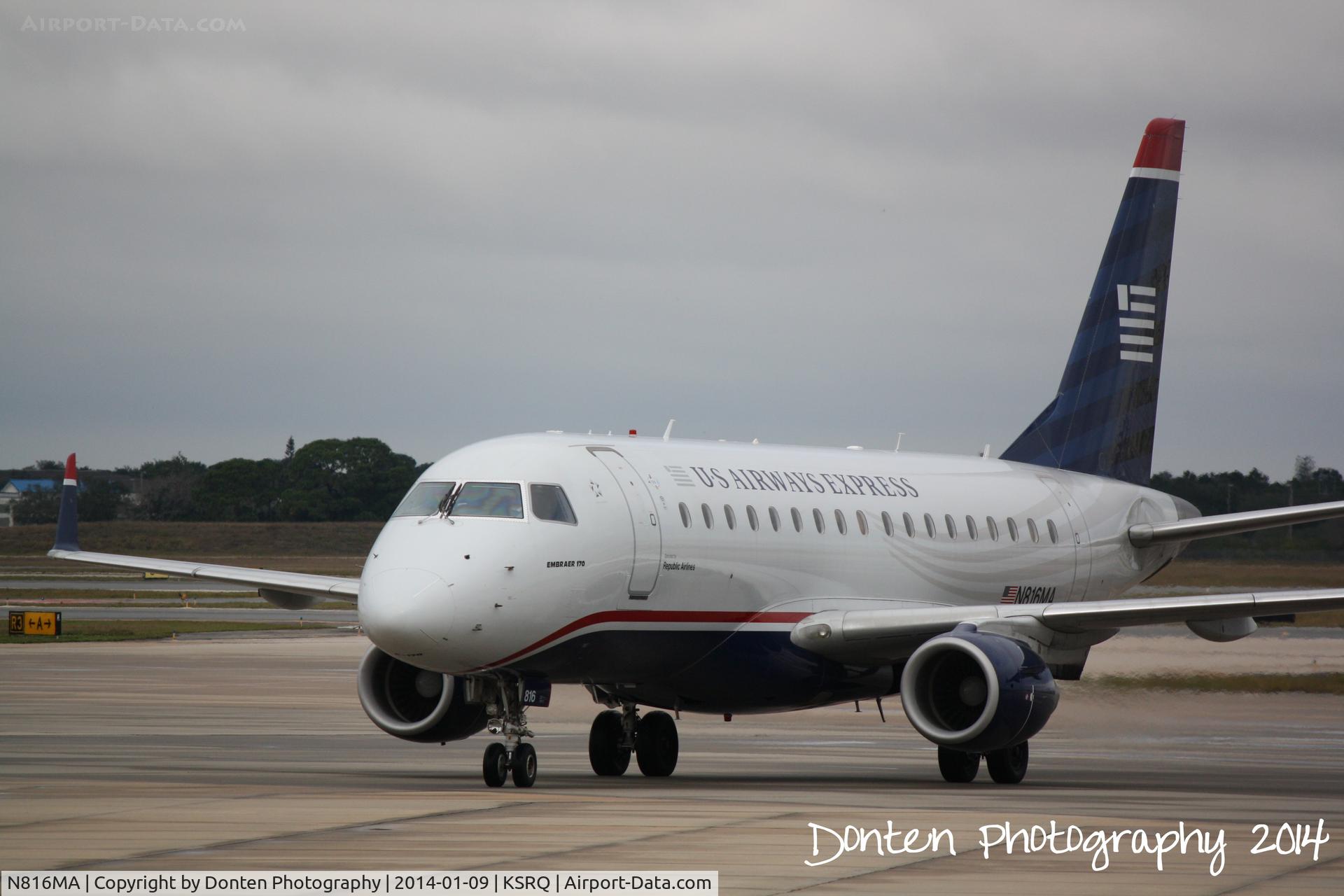 N816MA, 2004 Embraer 170SU (ERJ-170-100SU) C/N 17000037, US Air Flight 3346 operated by Republic (N816MA) arrives at Sarasota-Bradenton International Airport following a flight from Reagan National Airport