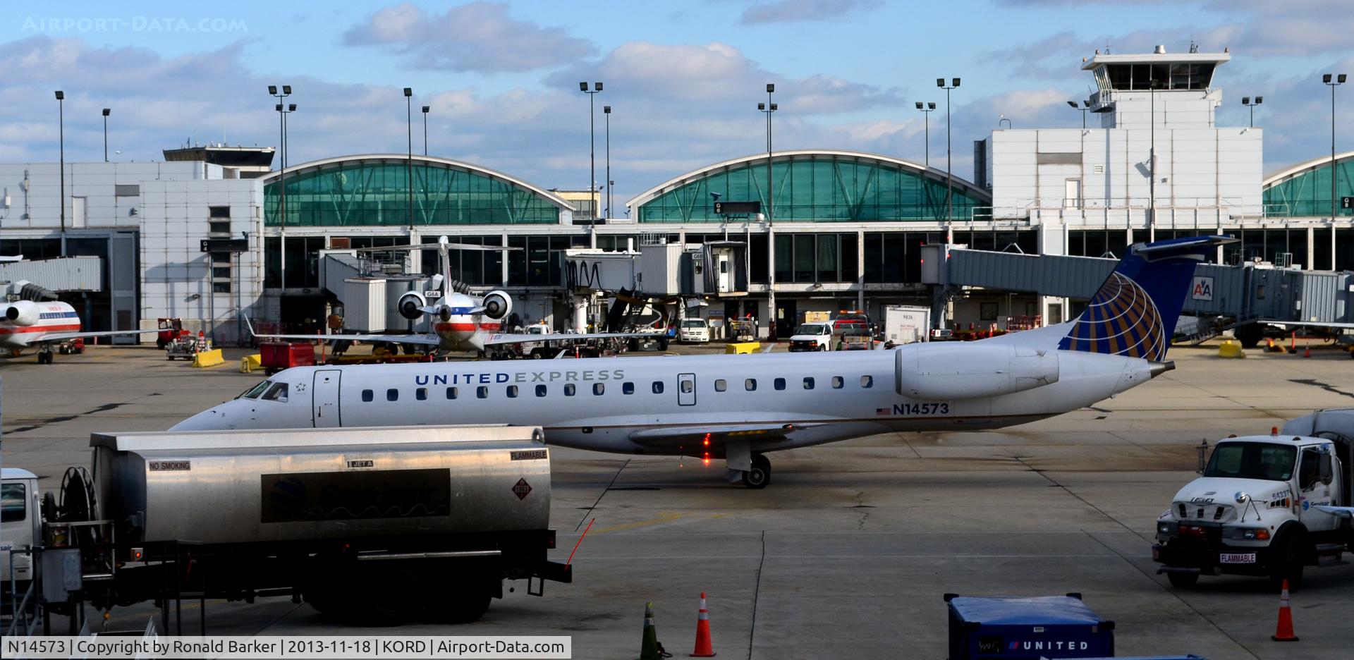 N14573, 2002 Embraer ERJ-145LR (EMB-145LR) C/N 145638, Taxi to park ORD