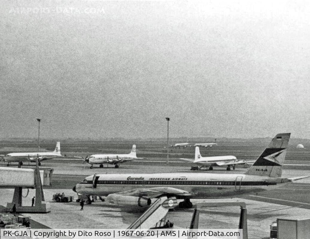 PK-GJA, 1961 Convair CV-990-30A-5 Coronado C/N 30-10-3, Convair 990 Coronada PK-GJA of Garuda Indonesia Airways (now Garuda Indonesia) at Amsterdam Schiphol in 1967.
