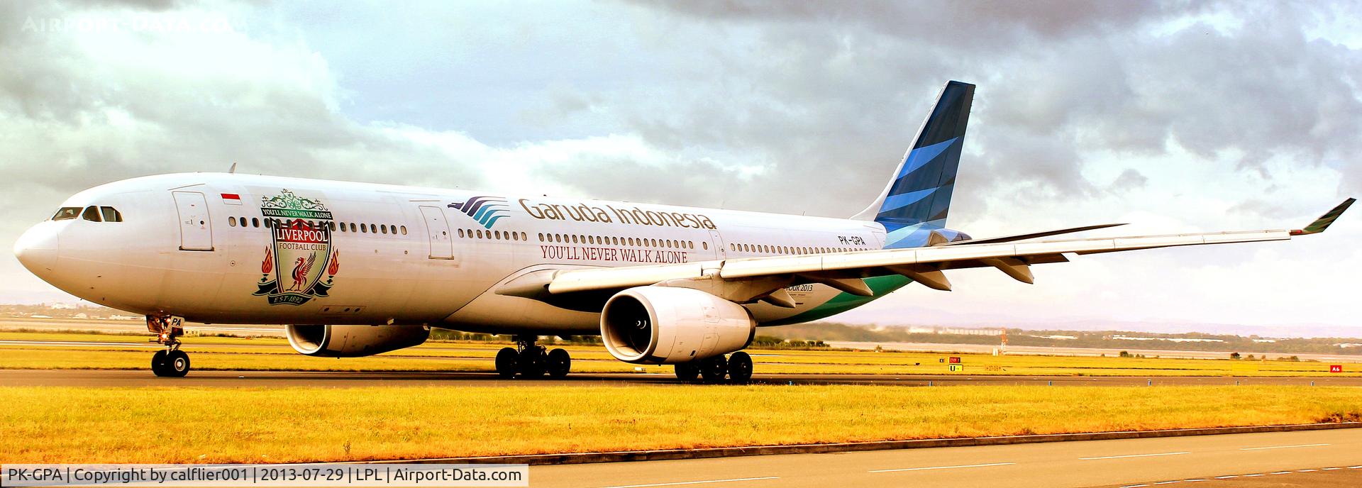 PK-GPA, 1996 Airbus A330-341 C/N 138, Garuda Indonesia A330-300 PK-GPA in Liverpool FC onboard markings landing runway 27 at Liverpool John Lennon airport-2