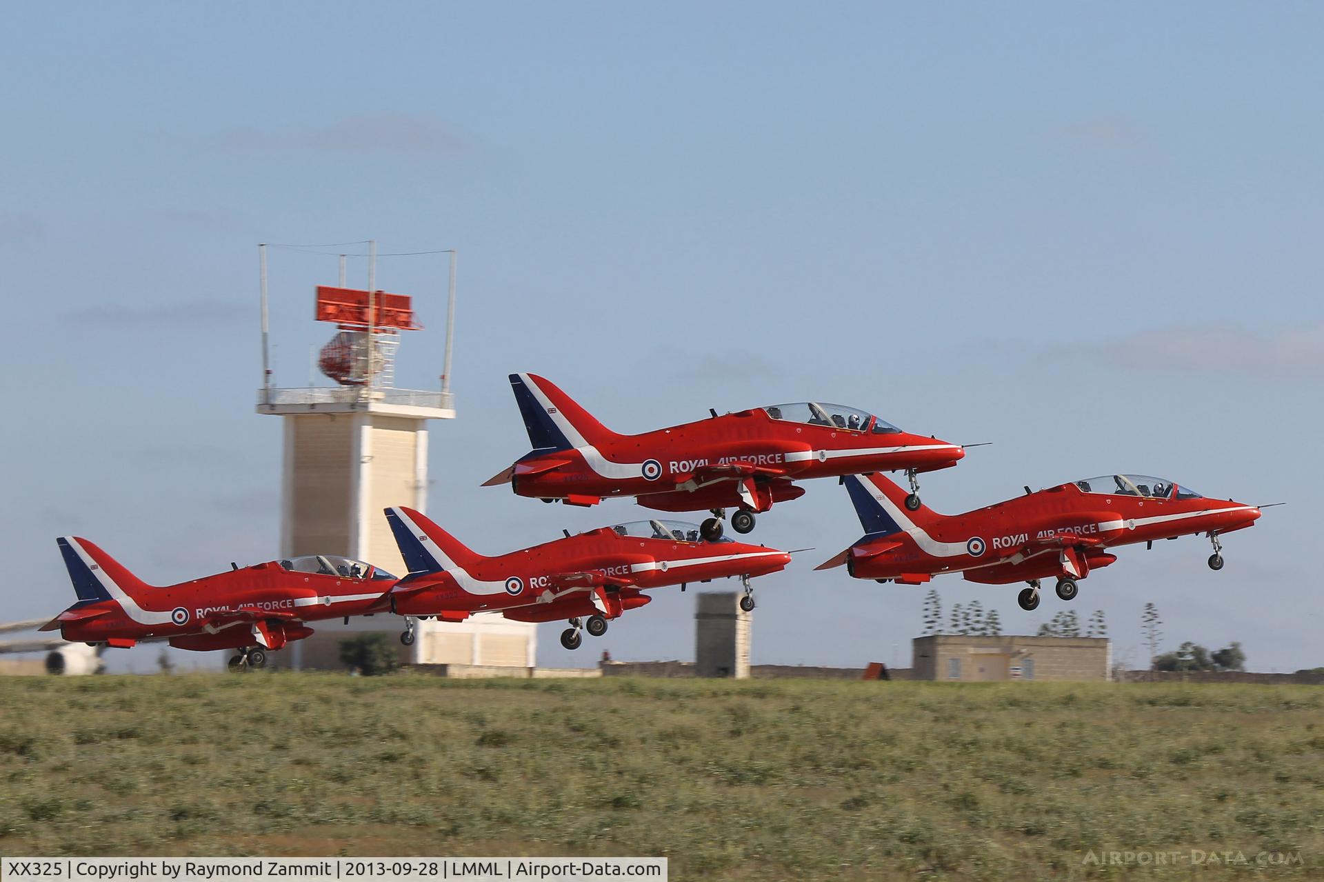 XX325, 1980 Hawker Siddeley Hawk T.1 C/N 169/312150, Red Arrows Hawks taking off to perform in the Malta ~International Airshow 2013.