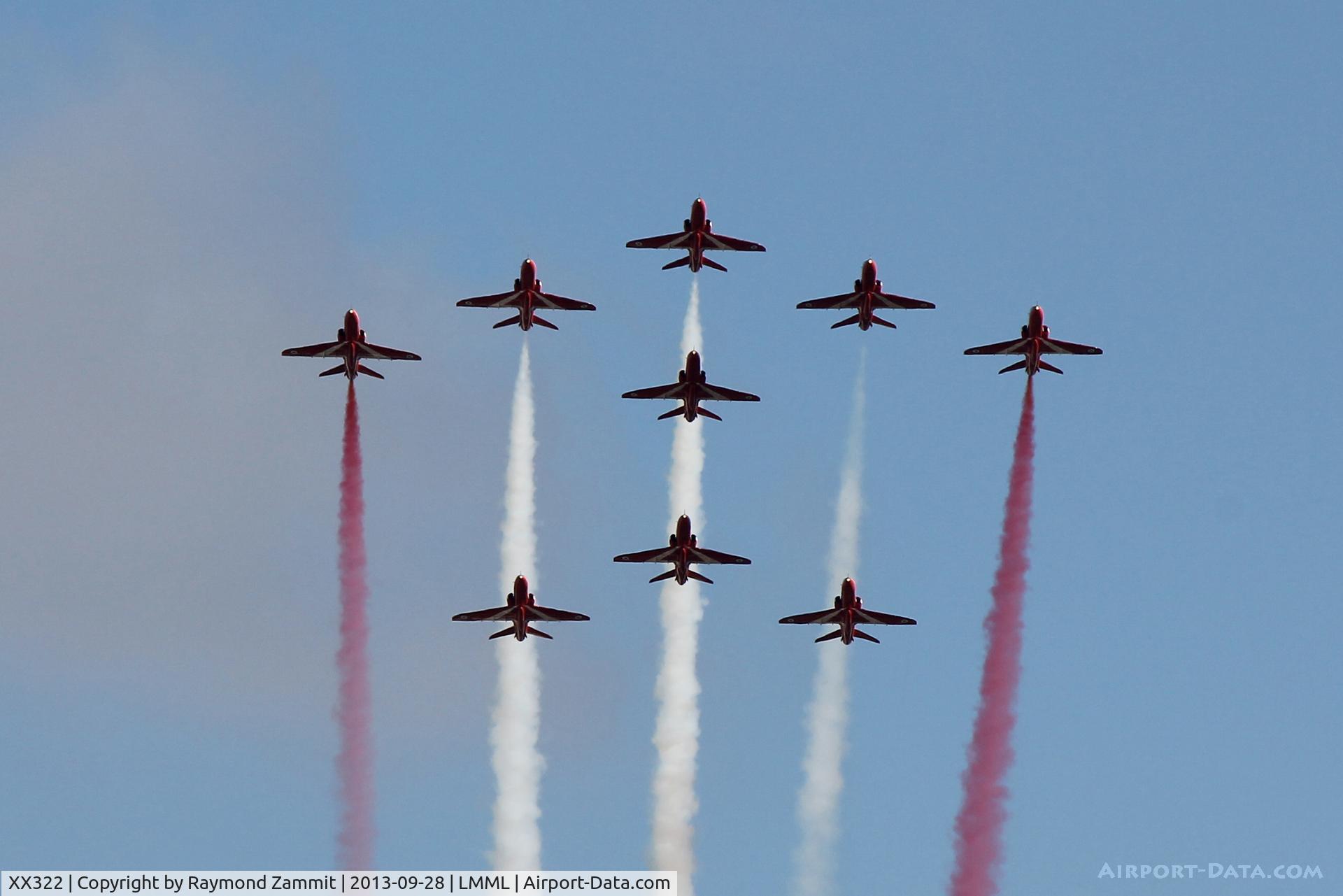 XX322, 1980 Hawker Siddeley Hawk T.1A C/N 165/312147, Red Arrows Hawks performing over Malta during the Malta International Airshow 2013.