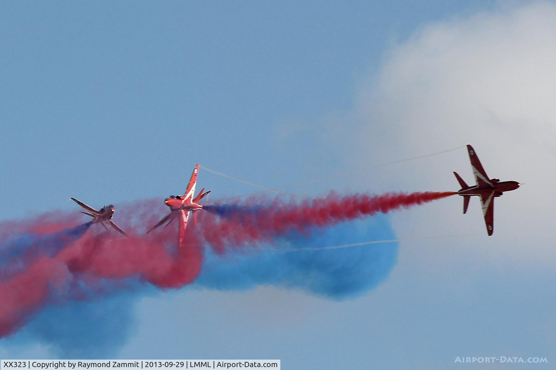 XX323, 1980 Hawker Siddeley Hawk T.1 C/N 167/312148, Red Arrows Hawk performing over Malta 28Sep13.