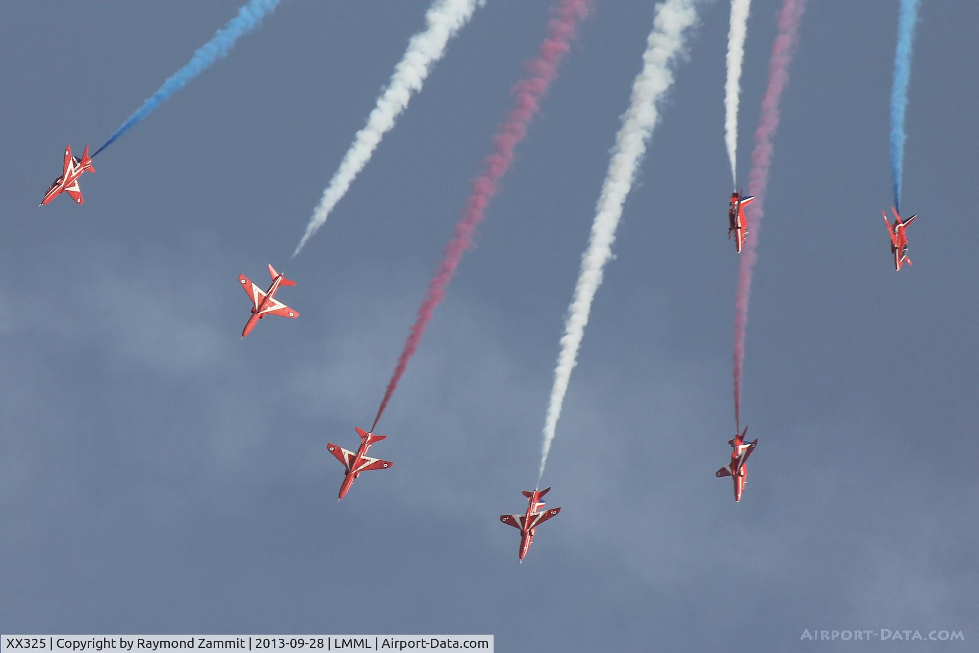 XX325, 1980 Hawker Siddeley Hawk T.1 C/N 169/312150, Red Arrows Hawks over Malta 28Sep13.