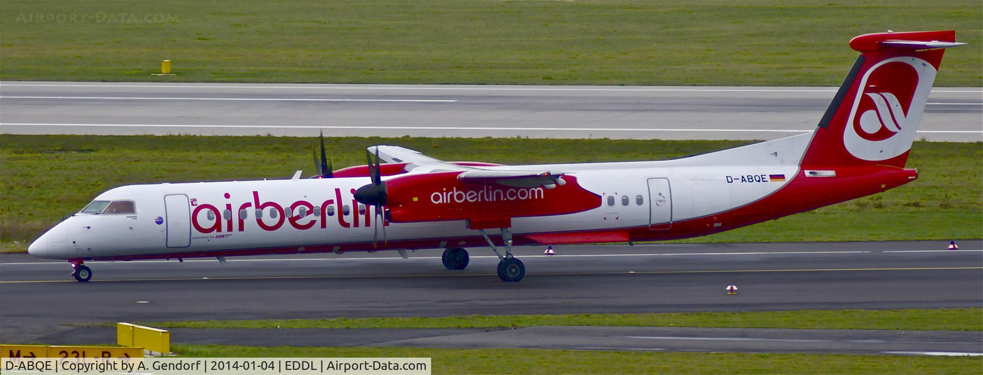 D-ABQE, 2009 De Havilland Canada DHC-8-402Q Dash 8 C/N 4239, Luftfahrtgesellschaft Walter (Air Berlin cs.), seen here shortly after arrival at Düsseldorf Int'l (EDDL)