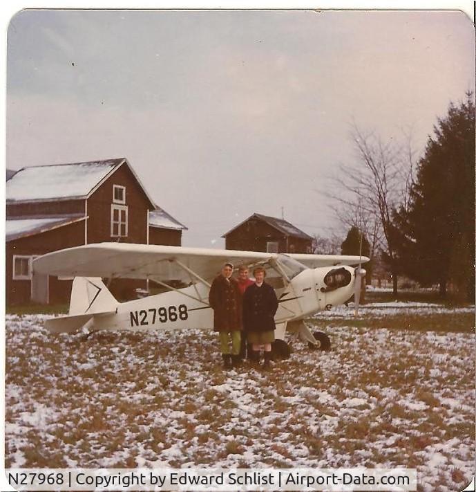 N27968, 1940 Piper J3C-65 Cub C/N 4481, This a/c was purchased around 1969 near Union Springs, NY and parked for many years at the Becks Grove Airport near Rome, NY.  I landed for the picture at my Aunt's house (not an airfield) near Verona, NY