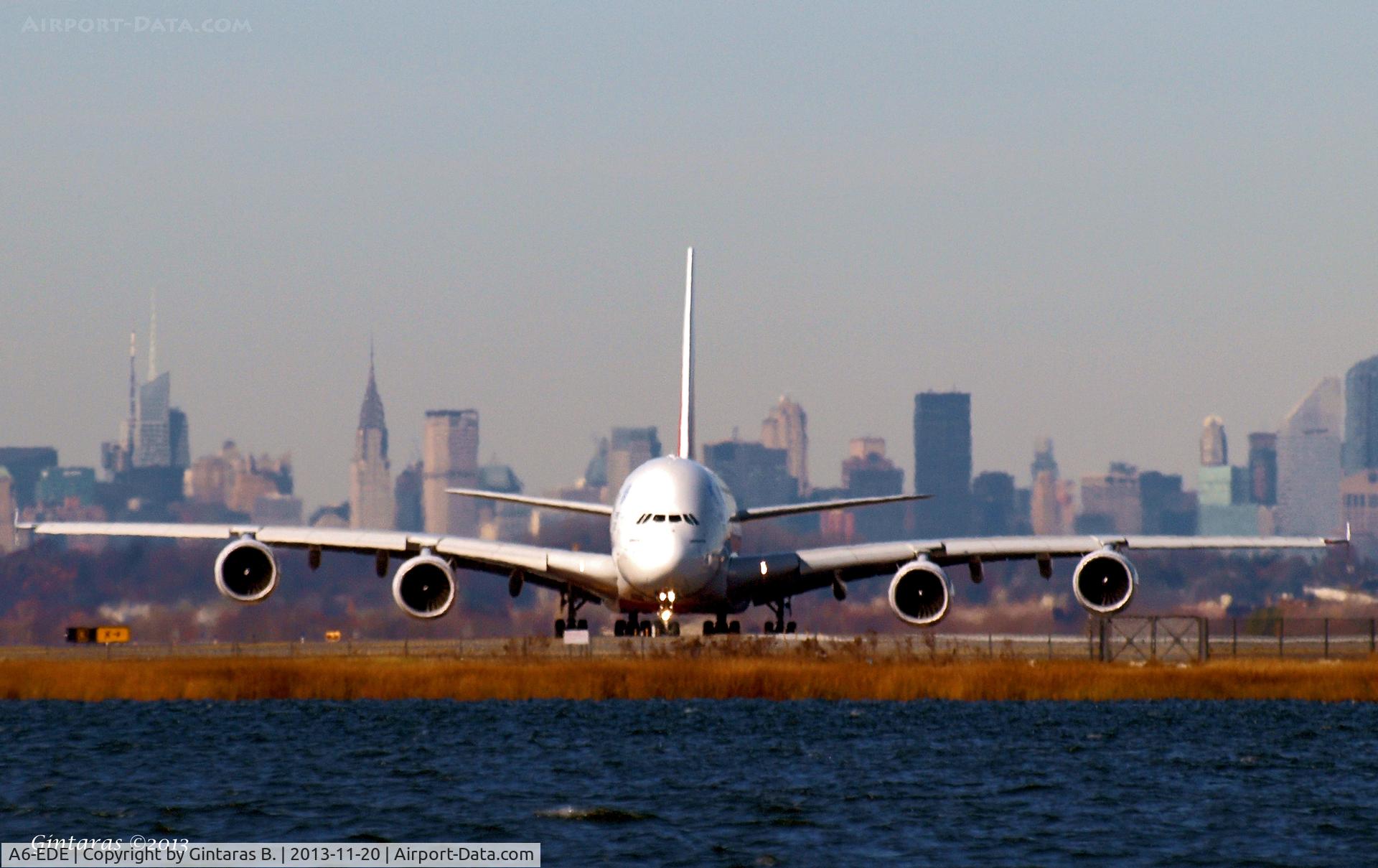 A6-EDE, 2008 Airbus A380-861 C/N 017, Taxiing for take off from 4L, JFK