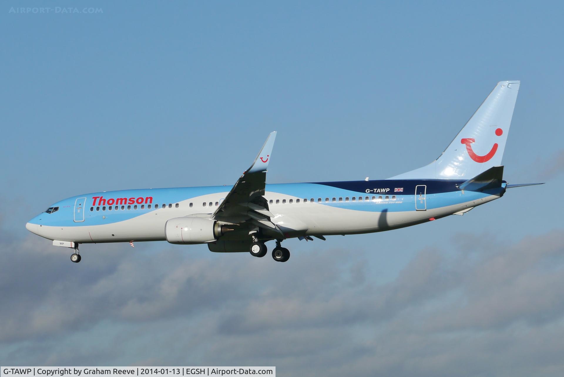 G-TAWP, 2013 Boeing 737-8K5 C/N 37257, About to land on runway 27.
