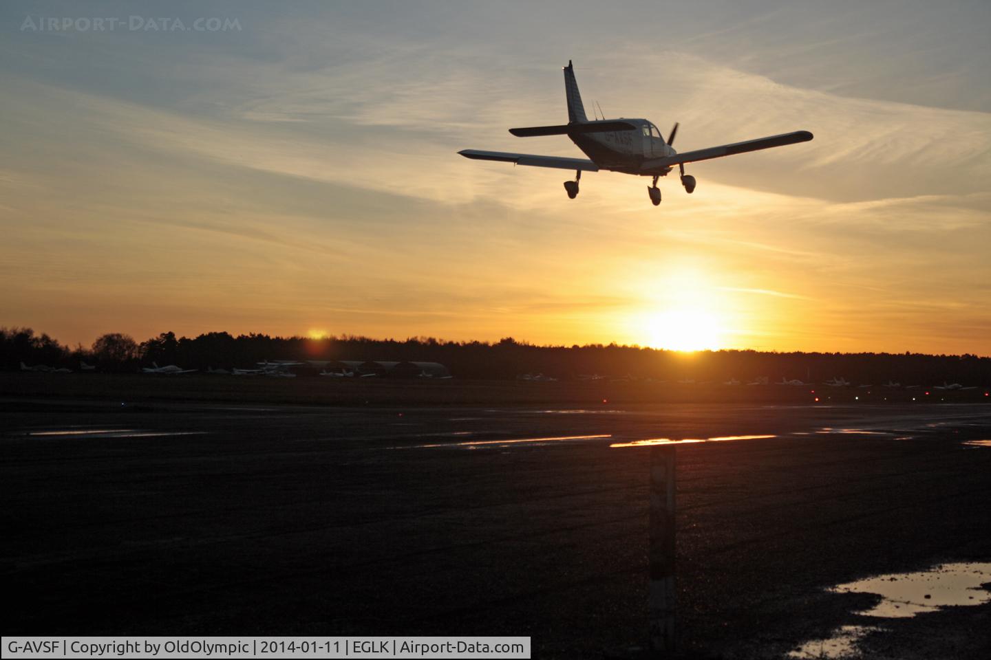 G-AVSF, 1967 Piper PA-28-180 Cherokee C/N 28-4197, Landing RW25 at sundown